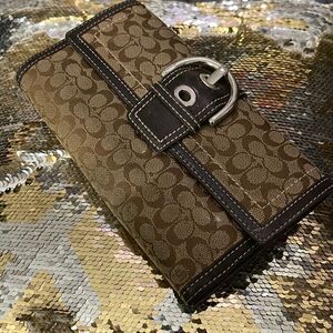 Coach tan brown signature c buckle trifold checkbook wallet